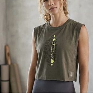 Free People Olive Green Cropped Muscle Tee with Yellow Graphic